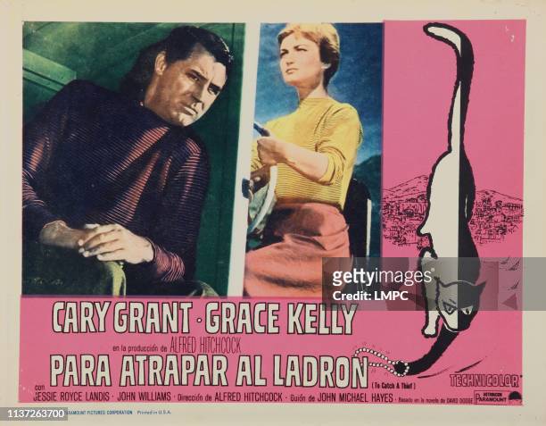 To Catch A Thief, lobbycard, , from left: Cary Grant, Brigitte Auber, on Argentine lobbycard, 1955.
