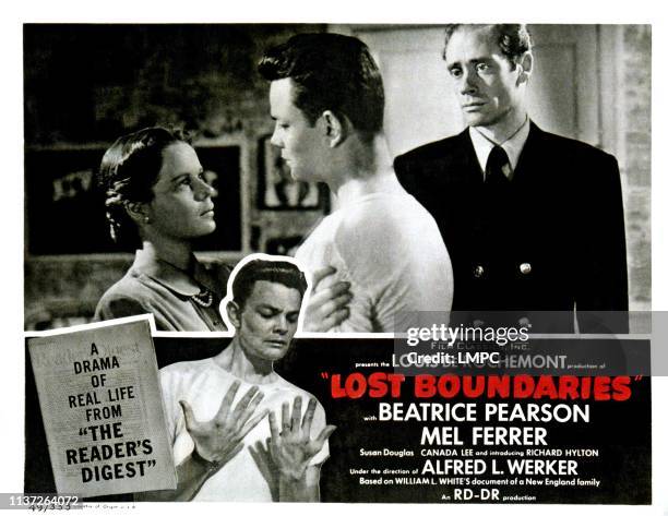 Lost Boundaries, lobbycard, from left, Beatrice Pearson, Richard Hylton, , Mel Ferrer, 1949.