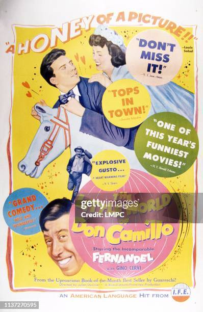 The Little World Of Don Camillo, poster, , top from left: Gino Cervi, Vera Talchi, Fernandel , 1952.