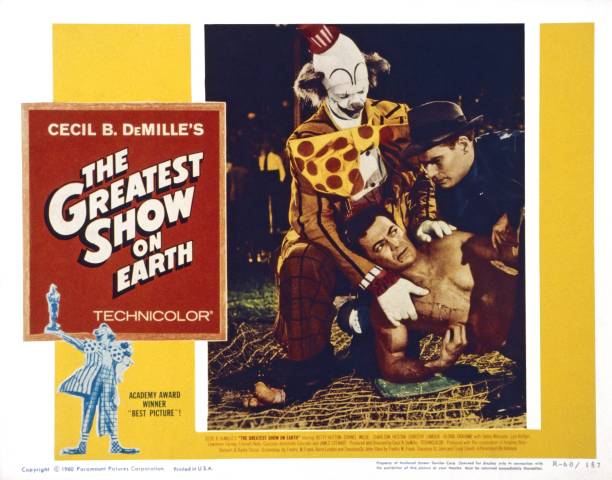 The Greatest Show On Earth, US lobbycard, from left: James Stewart, Cornel Wilde, Charlton Heston, 1952.