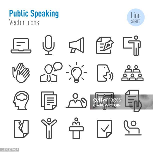 illustrazioni stock, clip art, cartoni animati e icone di tendenza di icone di public speaking - vector line series - altoparlante hardware audio