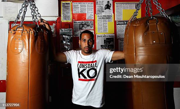 James DeGale poses after the James DeGale and George Groves Press Conference held at Dale Youth Boxing Club in Granfell Tower on May 5, 2011 in...