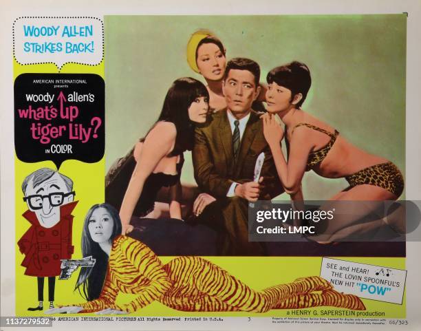 What's Up, lobbycard, TIGER LILY?, from left: Akiko Wakabayashi, Tatsuya Mihashi, Mie Hama, 1966.