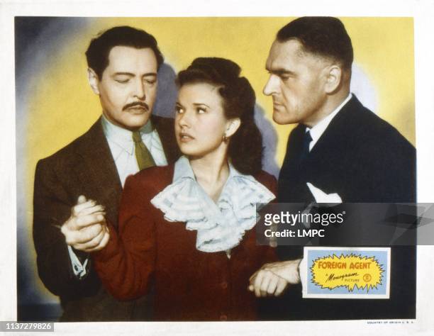 Foreign Agent, lobbycard, from left, Ivan Lebedeff, Gale Storm, Hans Schumm, 1942.