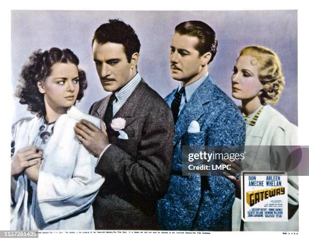 Gateway, lobbycard, from left, Arleen Whelan, Gilbert Roland, Don Ameche, Binnie Barnes, 1938.