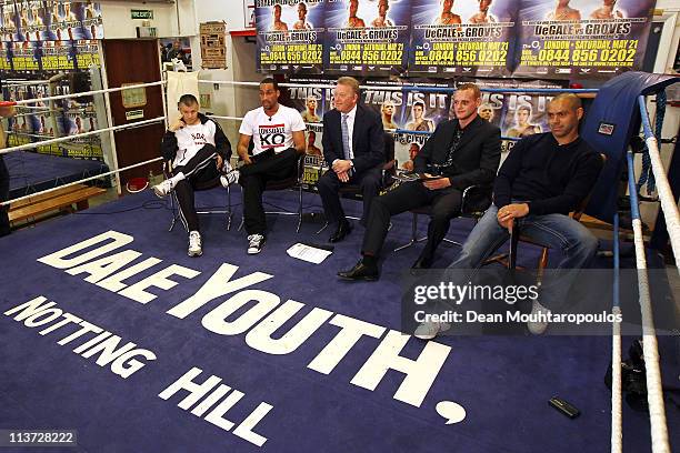 Promoter, Frank Warren speaks with James DeGale and George Groves at their Press Conference held at Dale Youth Boxing Club in Granfell Tower on May...