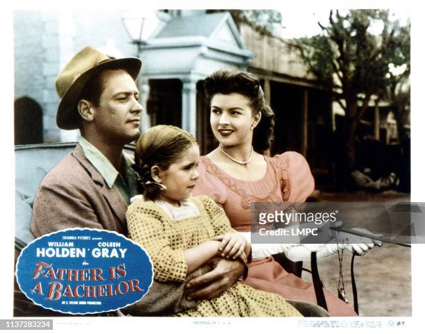 Father Is A Bachelor, lobbycard, from left, William Holden, Mary Jane Saunders, Coleen Gray, 1950.