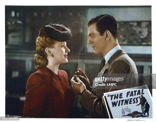 The Fatal Witness, lobbycard, from left, Evelyn Ankers, Richard Fraser, 1945.