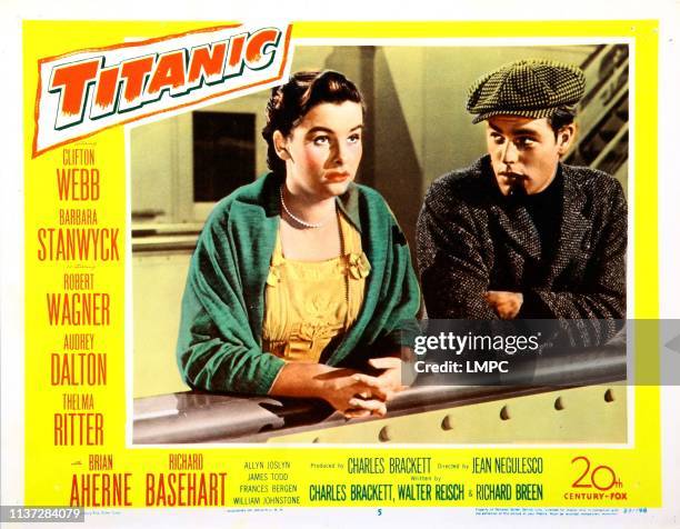 Titanic, lobbycard, from left: Audrey Dalton, Robert Wagner, 1953.