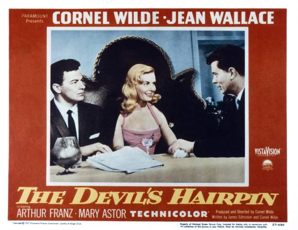 The Devil's Hairpin, US lobbycard, from left, Cornel Wilde, Jean Wallace, Arthur Franz, 1957.
