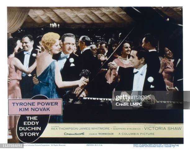 The Eddy Duchin Story, lobbycard, from left, Kim Novak, James Whitmore, Tyrone Power, 1956.