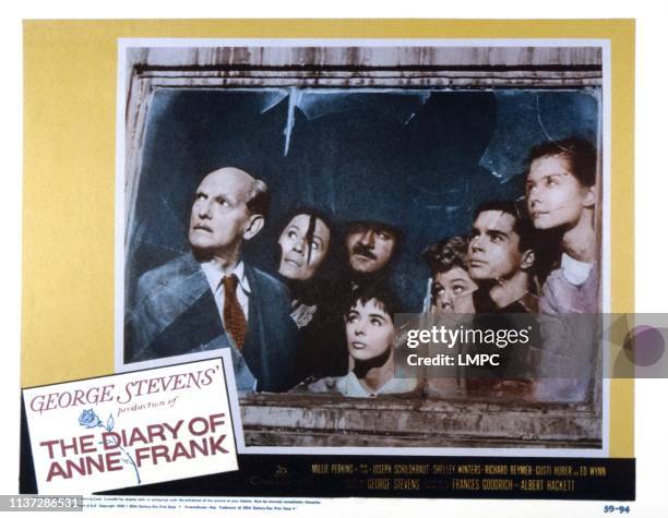 The Diary Of Anne Frank, lobbycard, from left, Joseph Schildkraut, Gusti Huber, Millie Perkins, Lou Jacobi, Shelley Winters, Richard Beymer, Diane...