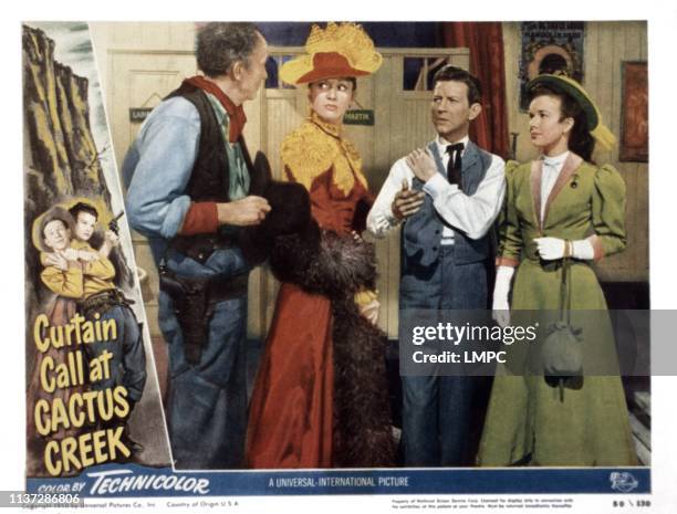 Curtain Call At Cactus Creek, lobbycard, from left, Walter Brennan, Eve Arden, Donald O'Connor, Gale Storm, 1950.