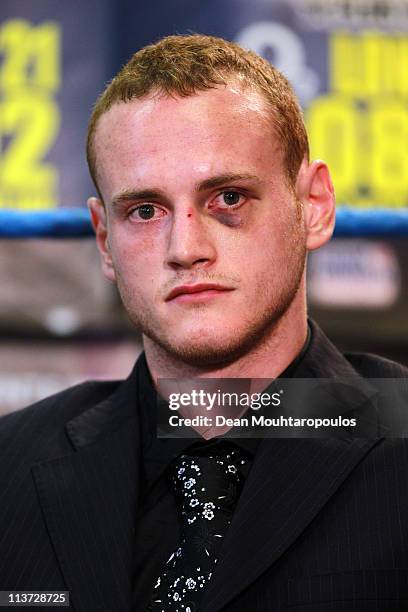 George Groves speaks to the media at the James DeGale and George Groves Press Conference held at Dale Youth Boxing Club in Granfell Tower on May 5,...