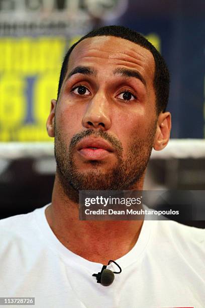 James DeGale speaks to the media at the James DeGale and George Groves Press Conference held at Dale Youth Boxing Club in Granfell Tower on May 5,...