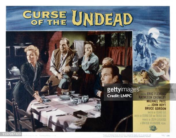 Curse Of The Undead, lobbycard, from left, Kathleen Crowley, Bruce Gordon, Helen Kleeb, Eric Fleming, 1959.