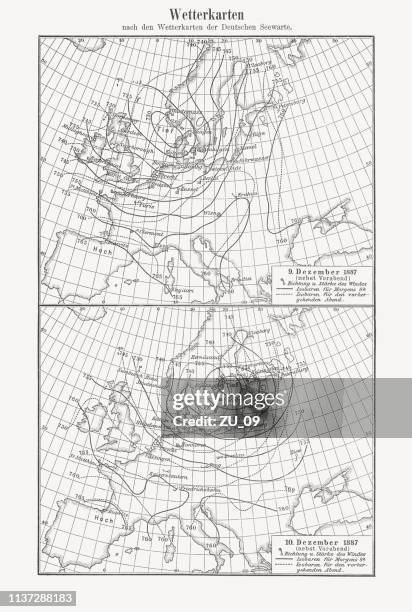 european weather maps, 9th and 10th december 1887, woodcut, 1897 - weather map stock illustrations