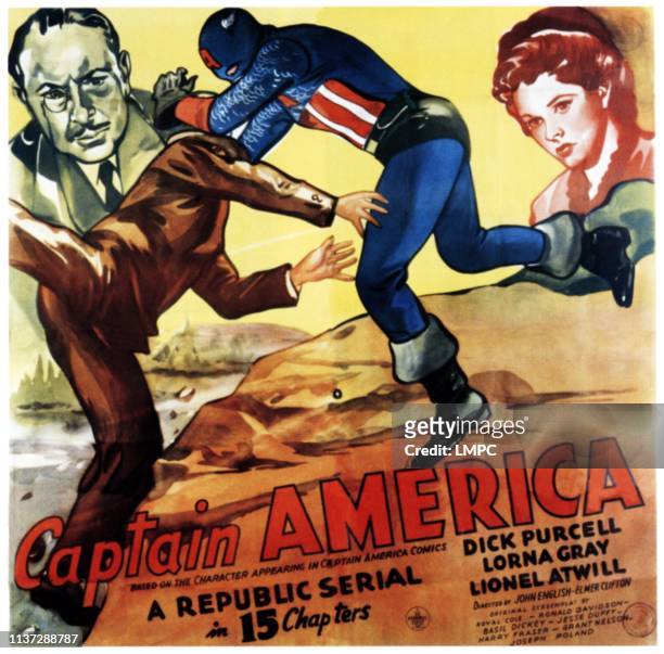 Captain America, poster, center: Dick Purcell as , right: Lorna Gray, 1944.