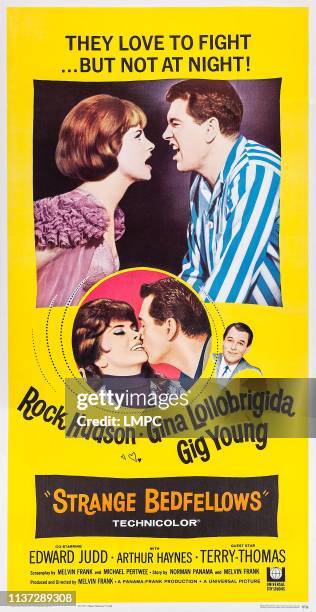 Strange Bedfellows, poster, top and center l-r: Gina Lollobrigida, Rock Hudson, center far rigth: Gig Young on poster art, 1965.