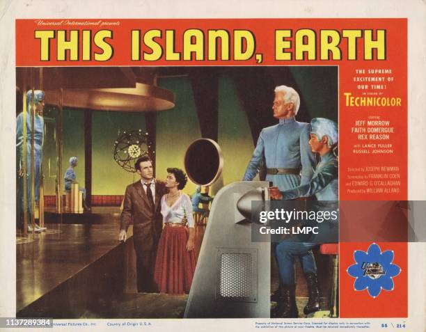 This Island Earth, US lobbycard, from left: Rex Reason, Faith Domergue, Jeff Morrow, 1955.