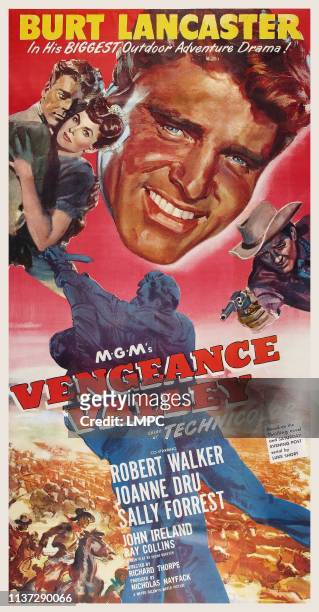 Vengeance Valley, poster, US poster art, second left: Joanna Dru; center: Burt Lancaster; right: Robert Walker, 1951.