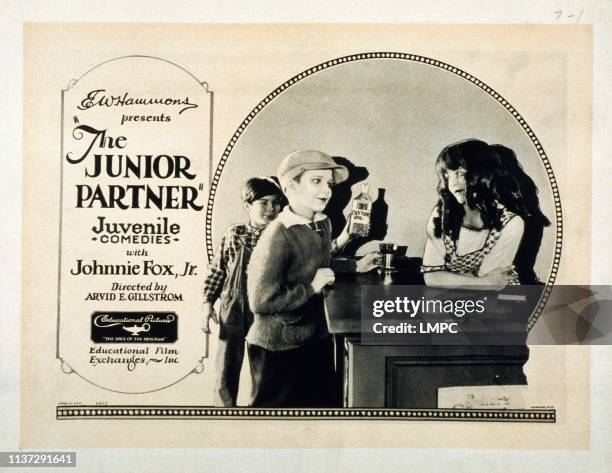 Child actors Jack McHugh, Roger Keene and Peggy Cartwright feature on a lobbycard for Arvid E. Gillstrom's two-reel silent comedy, 'The Junior...