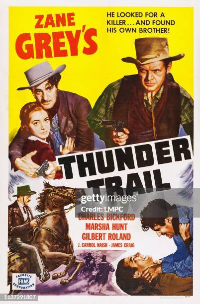Thunder Trail, poster, l-r: Marsha Hunt, Gilbert Roland, Charles Bickford on poster art, 1937.