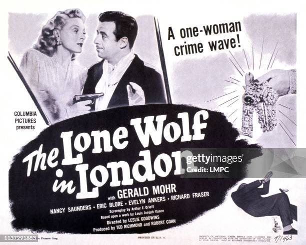 The Lone Wolf In London, lobbycard, top left: Evelyn Ankers, Gerald Mohr, 1947.