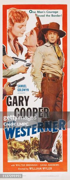 The Westerner, poster, l-r: Doris Davenport, Gary Cooper on insert poster, 1940.