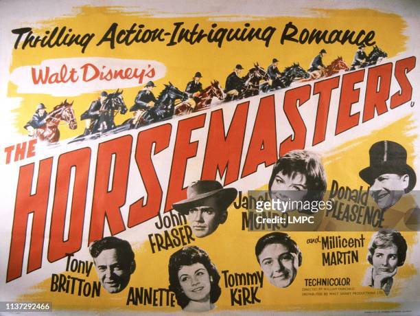 The Horsemasters, poster, top from left: John Fraser, Janet Munro, Donald Pleasence, bottom from left: Tony Britton, Annette Funicello, Tommy Kirk,...