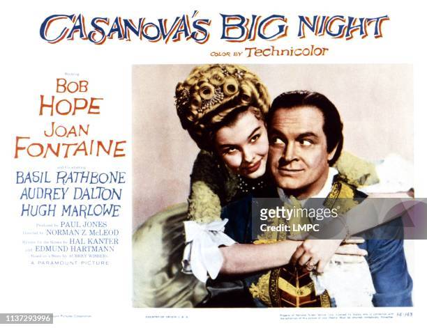 Casanova's Big Night, lobbycard, from left, Audrey Dalton, Bob Hope, 1954.