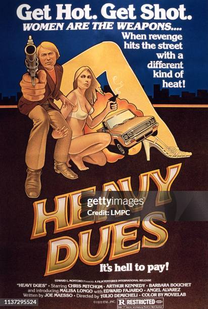 Heavy Dues, poster, , from left: Christopher Mitchum, Barbara Bouchet, 1973.
