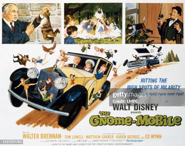 The Gnome-mobile, lobbycard, in car, from left: Walter Brennan, Karen Dotrice, Matthew Garber, 1967.
