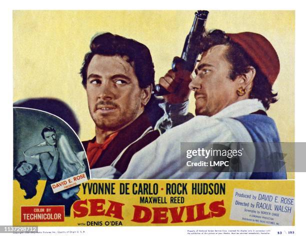 Sea Devils, US lobbycard, from left: Rock Hudson, Maxwell Reed, 1953.