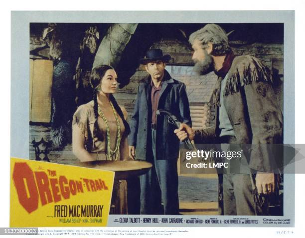 The Oregon Trail, US lobbycard, from left: Gloria Talbott, Fred MacMurray, John Dierkes, 1959.