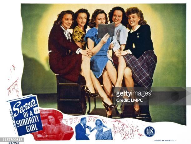 Secrets Of A Sorority Girl, US lobbycard, left: Marilyn Johnson; second left: Caren Marsh; center: Mary Ware, 1945.