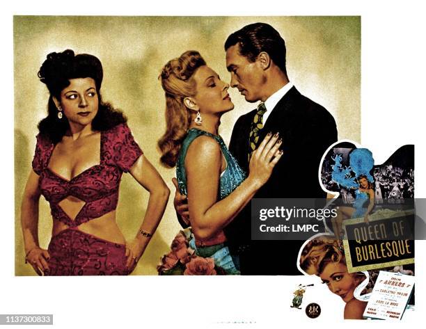 Queen Of Burlesque, lobbycard, from left, Rose La Rose, Evelyn Ankers, Carleton Young, 1946.