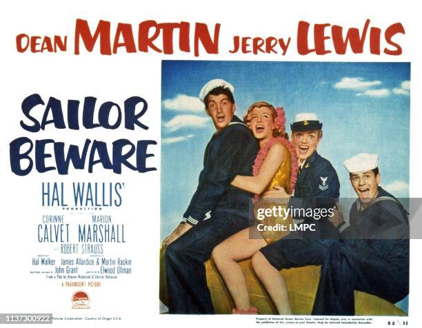 Sailor Beware, US lobbycard, from left: Dean Martin, Corinne Calvet, Marion Marshall, Jerry Lewis, 1952.