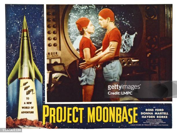 Project Moonbase, US lobbycard, from left: Donna Martell, Ross Ford, 1953.