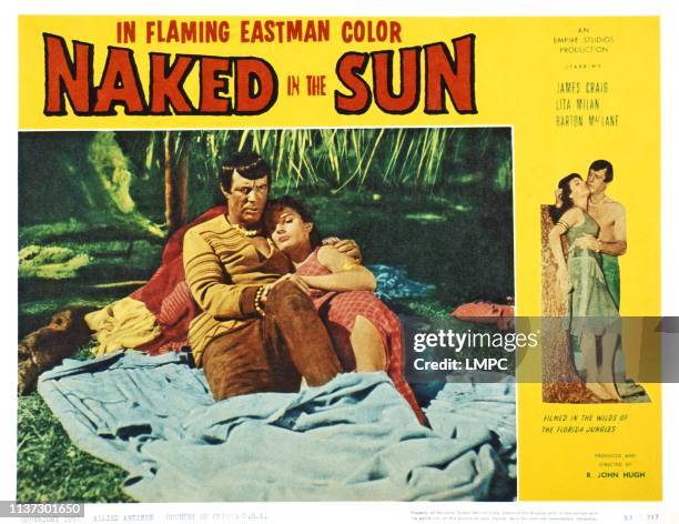 Naked In The Sun, US lobbycard, from left: James Craig, Lita Milan, 1957.