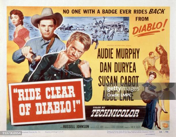 Ride Clear Of Diablo, , US lobbycard, from top left: Susan Cabot, Audie Murphy, Dan Duryea; bottom right: Abbe Lane, 1954.