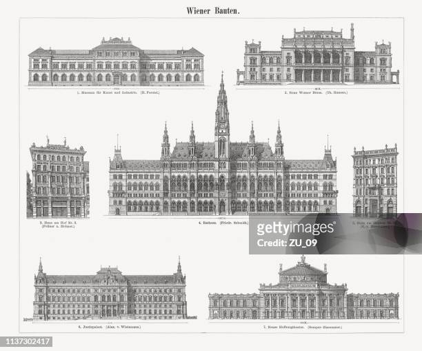 ilustrações, clipart, desenhos animados e ícones de edifícios de viena do século xix, gravuras em madeira, publicadas 1897 - vienna city hall