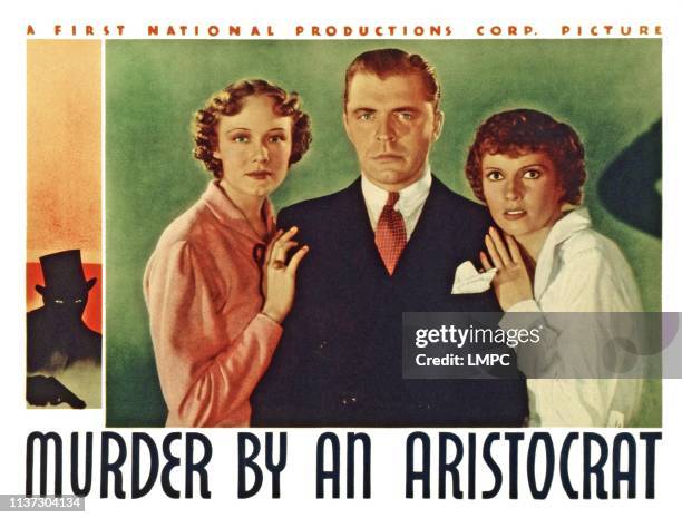 Murder By An Aristocrat, US lobbycard, from left: Claire Dodd, Lyle Talbot, Marguerite Churchill, 1936.