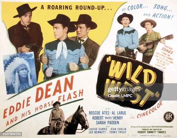 Wild West, poster, US poster, from left: Chief Yowlatchie, Terry Frost, Eddie Dean, Warner Richmond, Eddie Dean, Roscoe Ates, 1946.