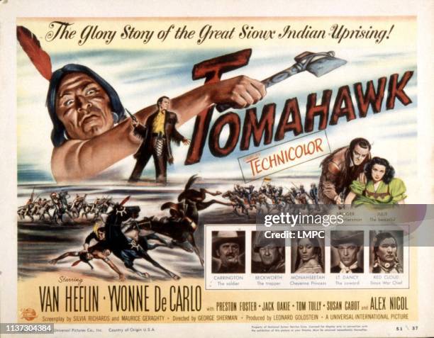 Tomahawk, poster, Van Heflin, Yvonne De Carlo, Preston Foster, Jack Oakie, Susan Cabot, Alex Nichol, John War Eagle, 1951.