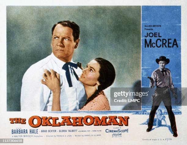 The Oklahoman, US lobbycard, from left: Joel McCrea, Gloria Talbott, 1957.