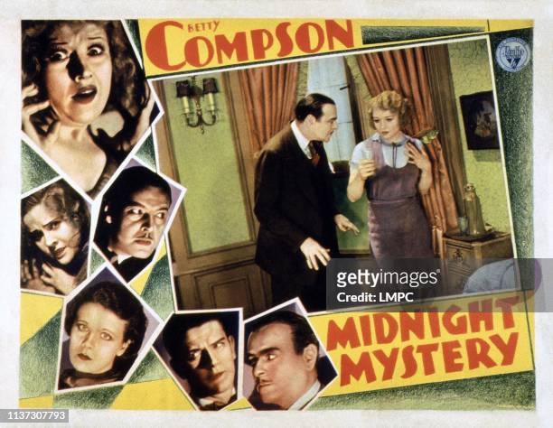 Midnight Mystery, US lobbycard, insert from left: Ivan Lebedeff, Betty Compson; bottom left: Rita La Roy; bottom right: Lowell Sherman, 1930.