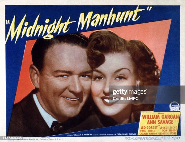 Midnight Manhunt, US lobbycard, from left, William Gargan, Ann Savage, 1945.