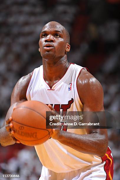 Miami Heat center Joel Anthony aims during Game Two of the Eastern Conference Semifinals against the Boston Celtics in the 2011 NBA Playoffs on May...