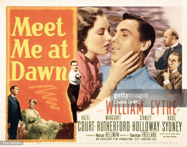 Meet Me At Dawn, poster, William Eythe , kissing from left: Hazel Court, William Eythe, 1947.